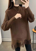 アート系 チョコレートカラー タッセル付き アシンメトリーデザイン ゆったり 秋 ニットワンピース