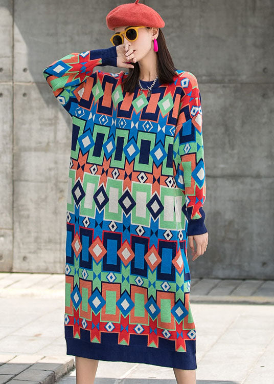 ファッション Oネック チェック柄 秋 ニット 長袖ワンピース