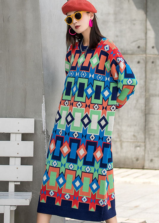 ファッション Oネック チェック柄 秋 ニット 長袖ワンピース