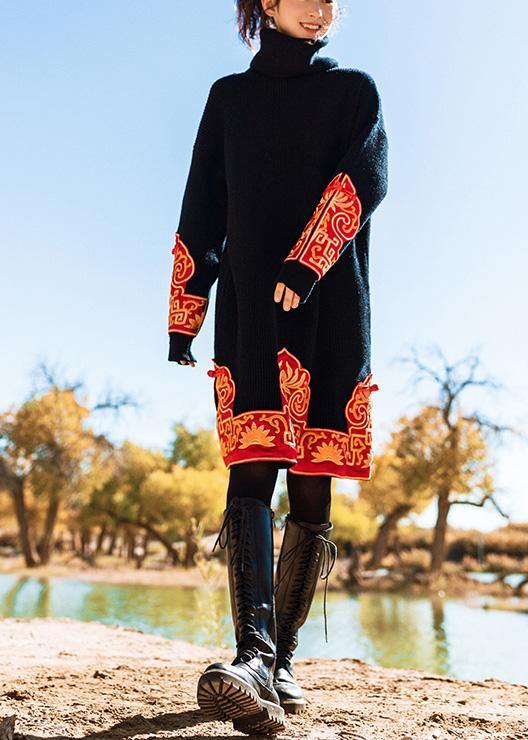 ニット ブラック セーターワンピース ヴィンテージ刺繍 オーバーサイズ ハイネック ニットドレス