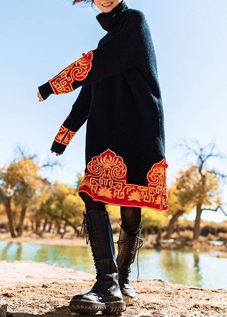 ニット ブラック セーターワンピース ヴィンテージ刺繍 オーバーサイズ ハイネック ニットドレス